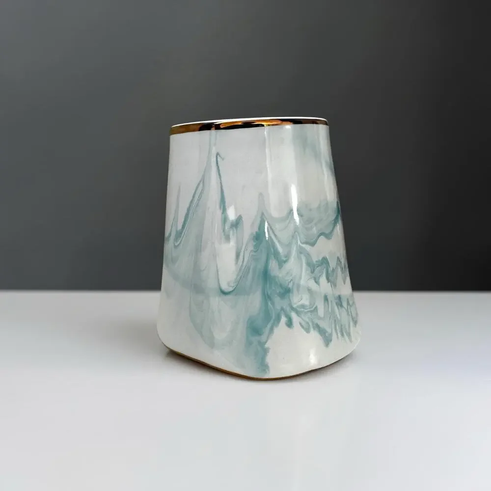 Small Blue Marble Porcelain Cachepot Planter | White & Aqua Swirl Vase Gold Trim